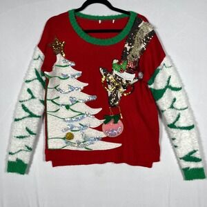 Vtg Fuzzy Ugly Christmas Sweater Giraffe Tree Sequin Ornament L/XL Kitschy Retro